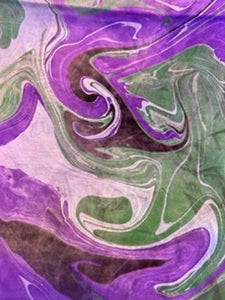 Silk Scarf - Water Marbling - Purple with Green Swirls