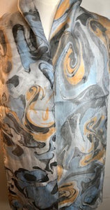 Silk Scarf - Water Marbling - White, Black, and Gold Swirling