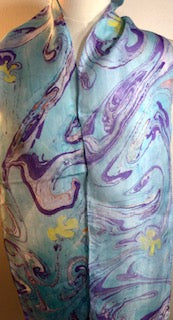 Silk Scarf - Water Marbling - Blue & Purple Swirls