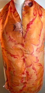 Silk Scarf - Water Marbling - Bright Orange & Red