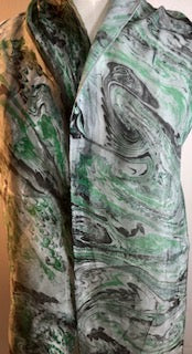 Silk Scarf - Water Marbling - Green and Black Swirls