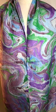 Load image into Gallery viewer, Silk Scarf - Water Marbling - Purple with Green Swirls