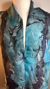 Silk Scarf - Water Marbling - Turquoise with Black Feathers