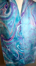 Load image into Gallery viewer, Silk Scarf - Water Marbling - Turquoise with Blue and Orange Swirls