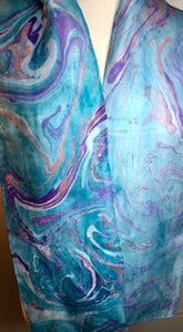 Silk Scarf - Water Marbling - Turquoise with Blue and Orange Swirls