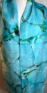 Silk Scarf - Water Marbling - Turquoise & Green Stones