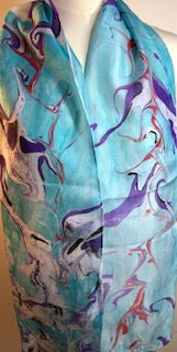 Silk Scarf - Water Marbling - Turquoise, Purple and Red Splash