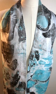 Silk Scarf - Water Marbling - Turquoise with Blue and Black Stones